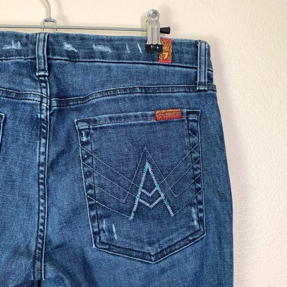 7 For All Mankind A Pocket Jeans 31 Bootcut Distessed Whiskering Medium Blue - Picture 4 of 7